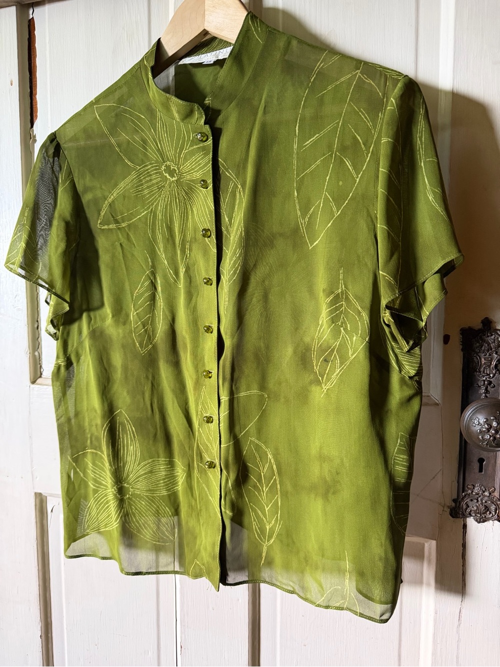 Vintage Platinum by Dorothy Schoelen Olive Botanical Sheer Blouse – Size 14